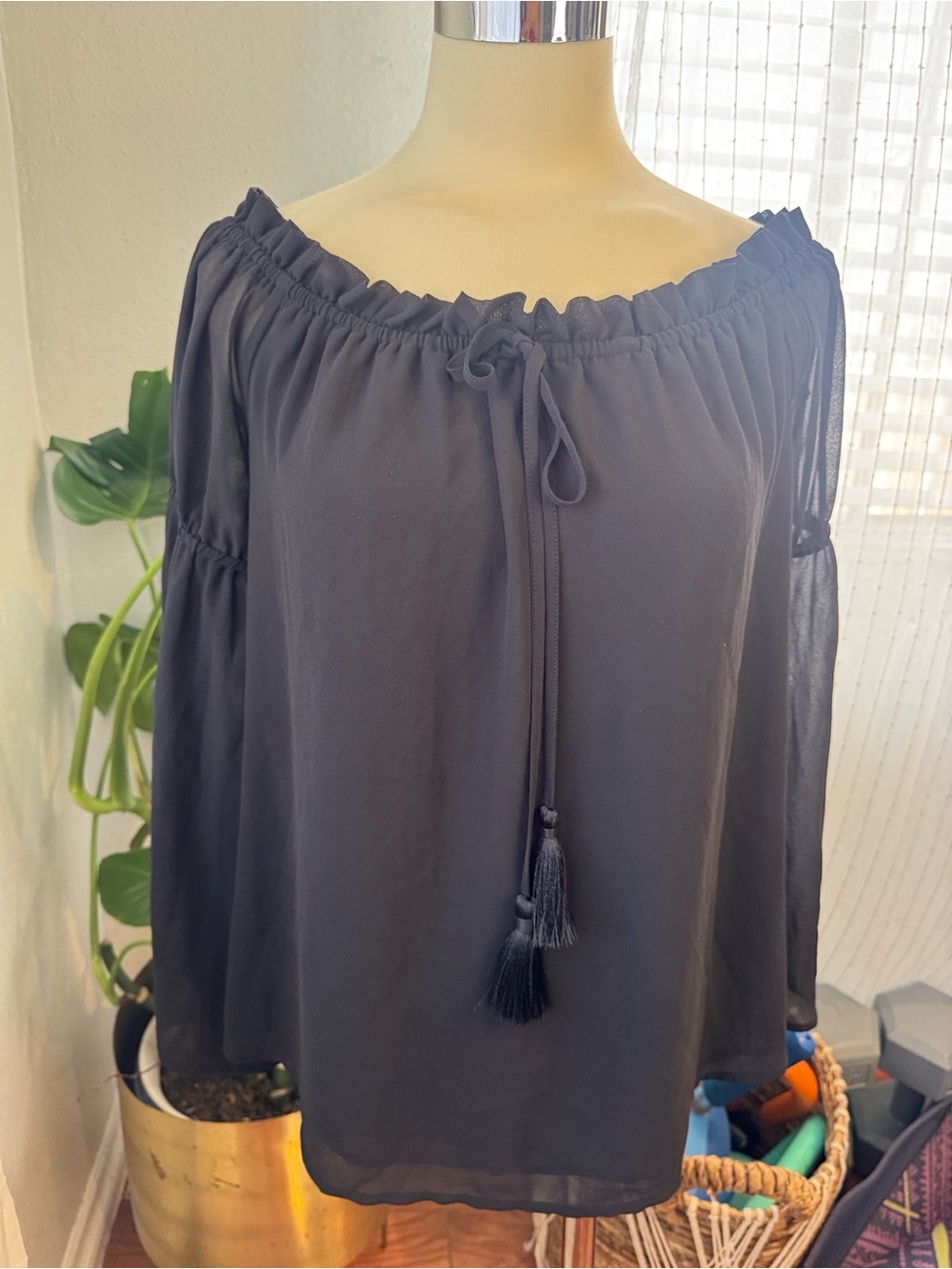 MICHAEL Michael Kors Black Off-Shoulder Blouse with Tassel Tie